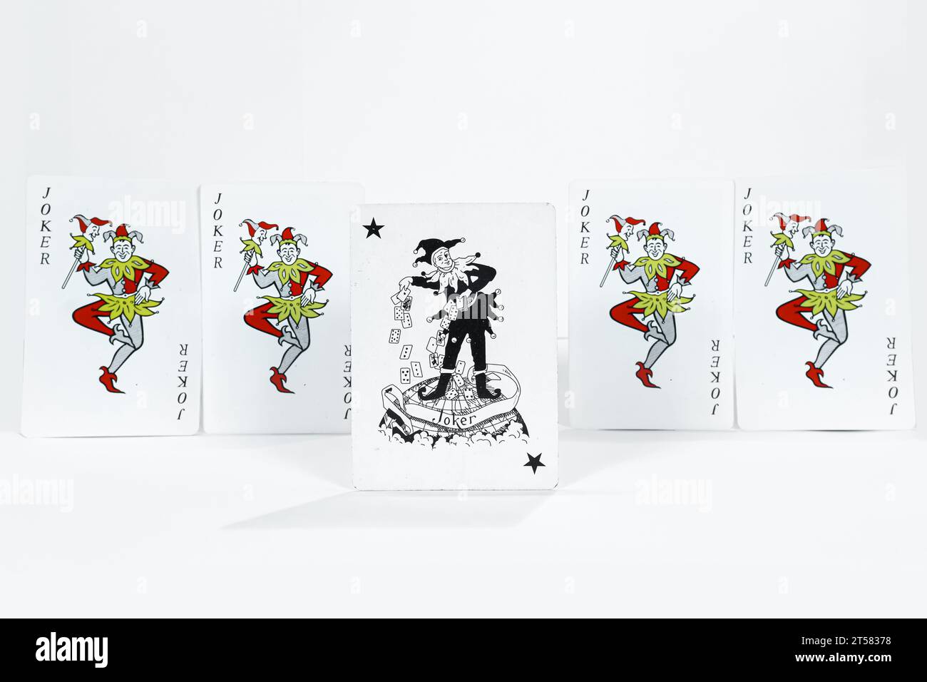 Set of five joker playing cards in formation white background hi-res stock photo wallpaper Stock Photo