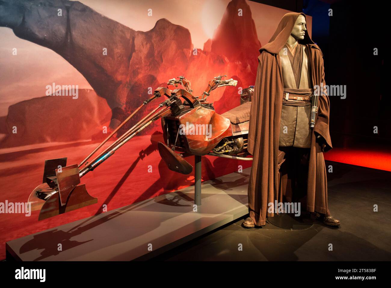 Anakin Skywalker costume and Owen Lars's Swoop Bike from Attack of the Clones Stock Photo