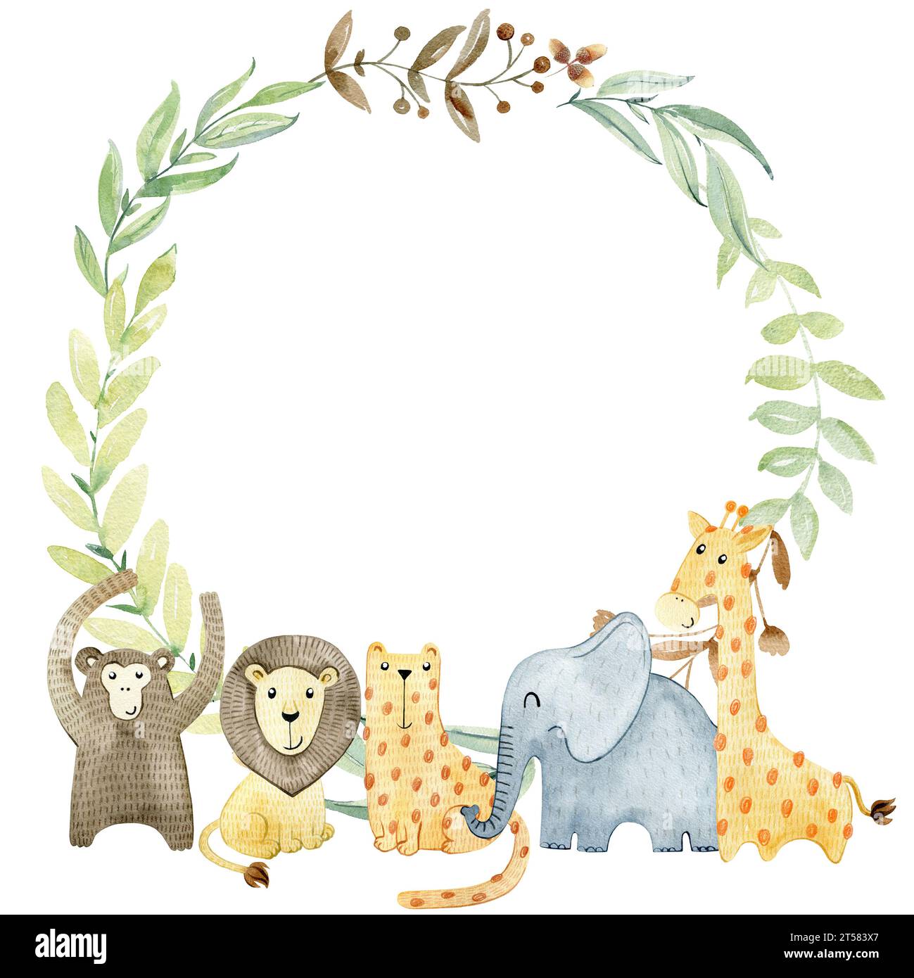 Baby shower card. Watercolor wreath with safari animals Stock Photo - Alamy