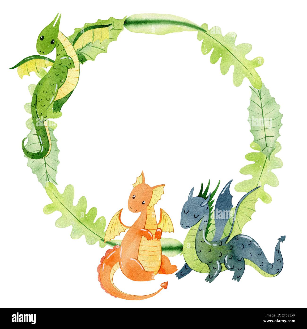 Watercolor wreath with cute dragons. Hand drawn illustration Stock ...