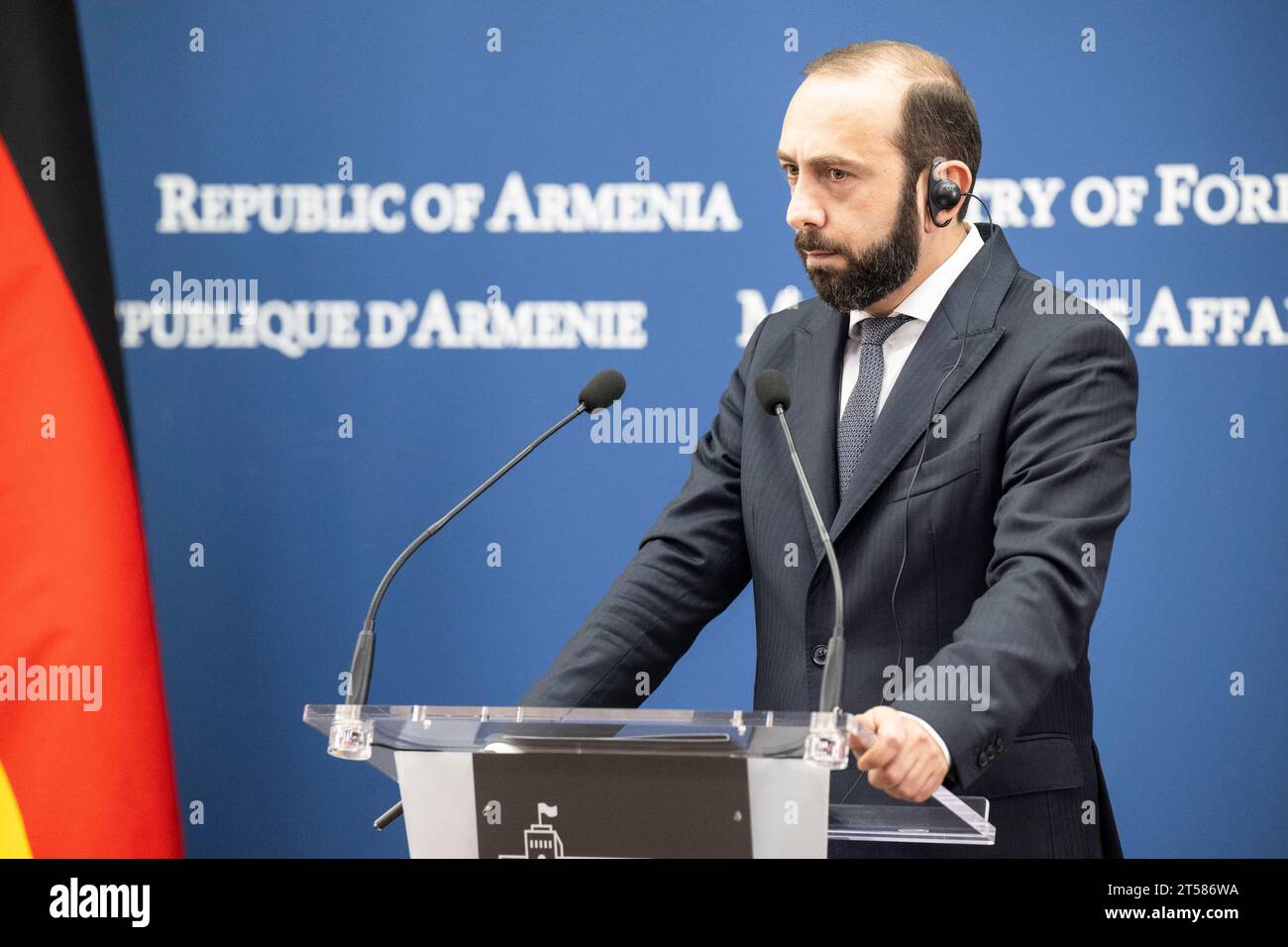 Eriwan, Armenia. 03rd Nov, 2023. Ararat Mirzoyan, Foreign Minister of the Republic of Armenia, speaks at a press conference. Germany and Armenia maintain a bilateral relationship. Credit: Hannes P. Albert/dpa/Alamy Live News Stock Photo