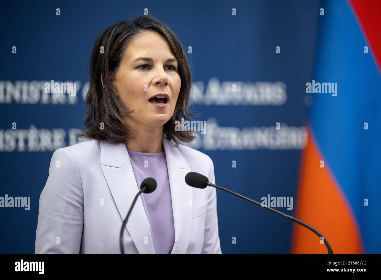 Eriwan, Armenia. 03rd Nov, 2023. Annalena Baerbock (Alliance 90/The Greens), Federal Minister for Foreign Affairs, speaks at a press conference. Germany and Armenia have a bilateral relationship. Credit: Hannes P. Albert/dpa/Alamy Live News Stock Photo