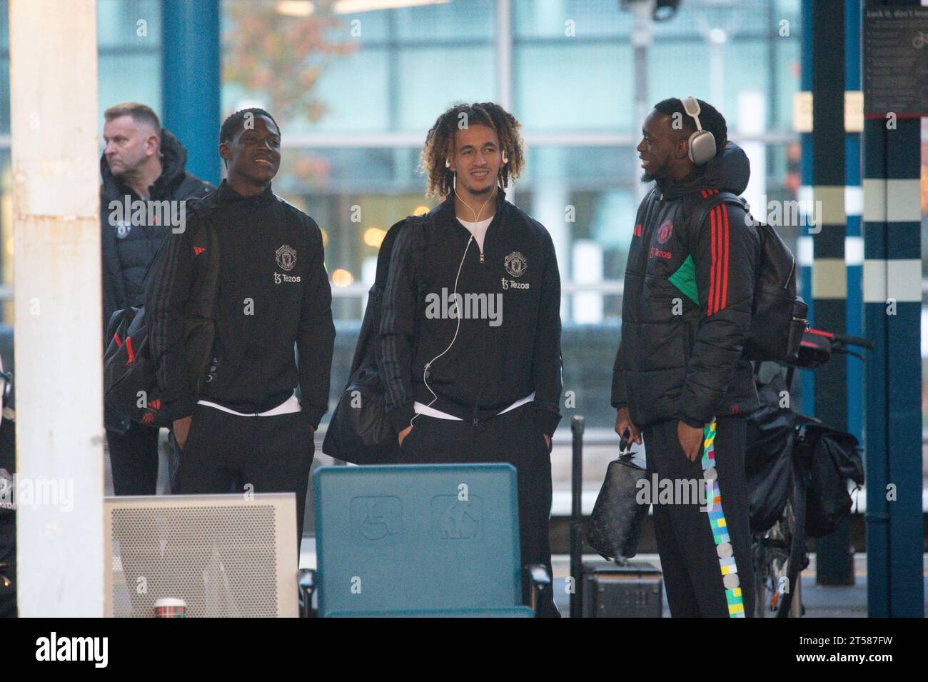 Hannibal Mejbri of Manchester United and his teammates at Stockport Station ahead of Man United's early kick off against Fulham tomorrow (Friday 3rd November 2023). (Photo: Pat Isaacs | MI News) Credit: MI News & Sport /Alamy Live News Stock Photo