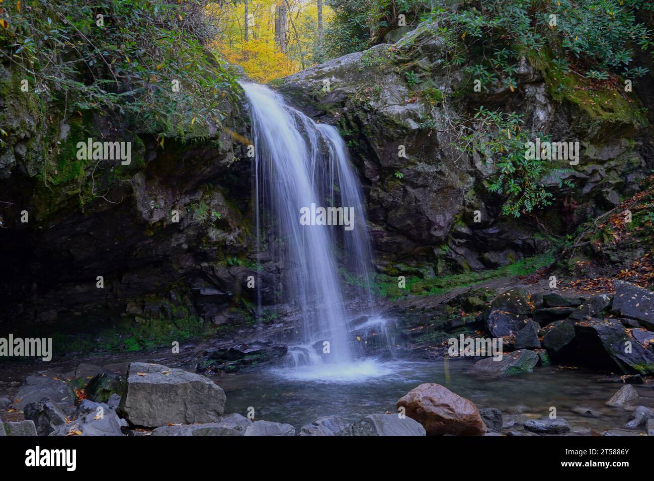 Grottos Falls in Great Smoky Mountain National Park in Tennessee in Autumn Stock Photo