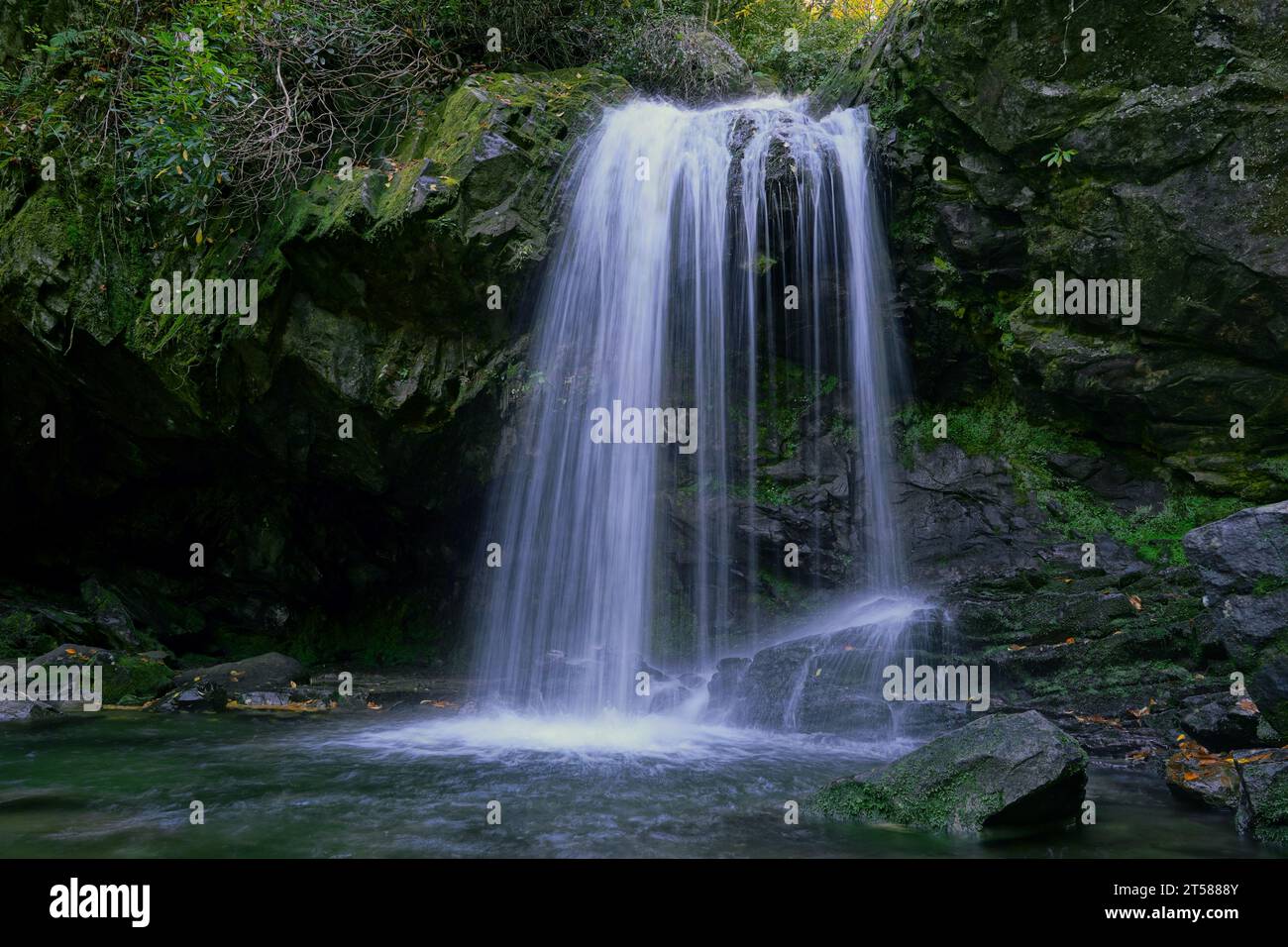 Motion-blurred picture of Grotto Falls in Great Smoky Mountain National Park in Tennessee Stock Photo