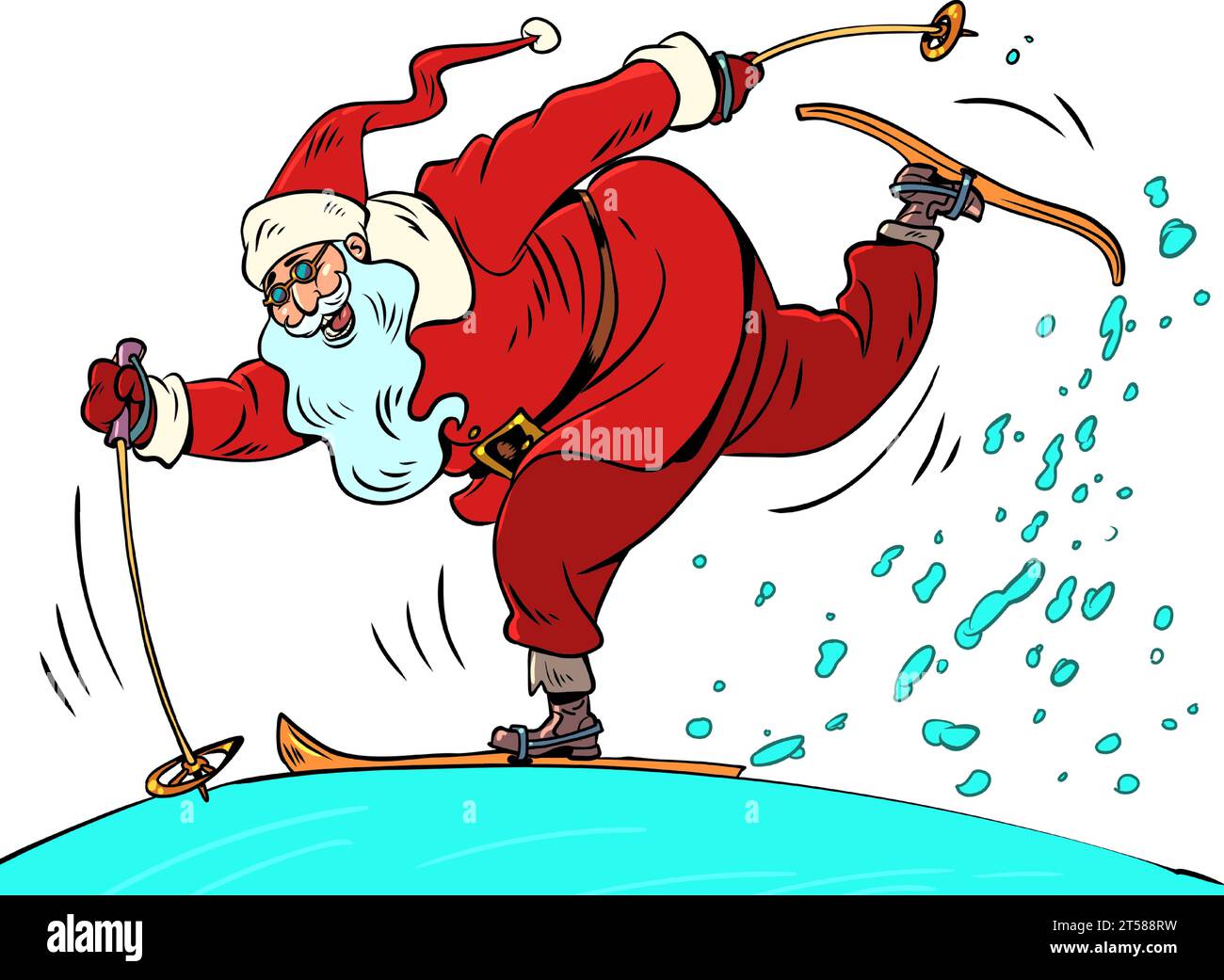 The approach of the new year. Equipment for skiing and snowboarding. Santa Claus is skiing in the snow. Comic cartoon pop art retro vector illustratio Stock Vector