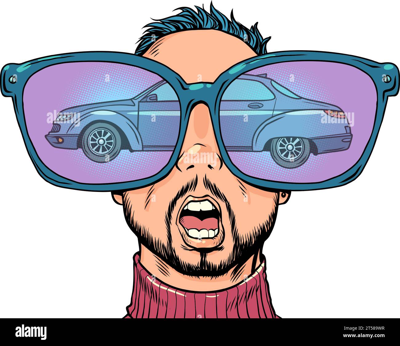 A tempting offer in a car dealership. Huge glasses and reflection in them. A man with glasses looks at the car. Comic cartoon pop art retro vector ill Stock Vector