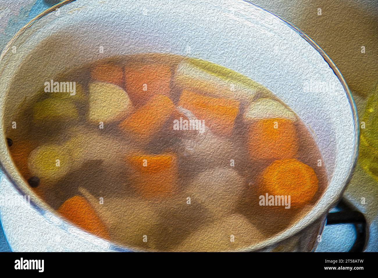 Cooking broth soup with chicken pieces and vegetables in pot, image with oil paint effect Stock Photo