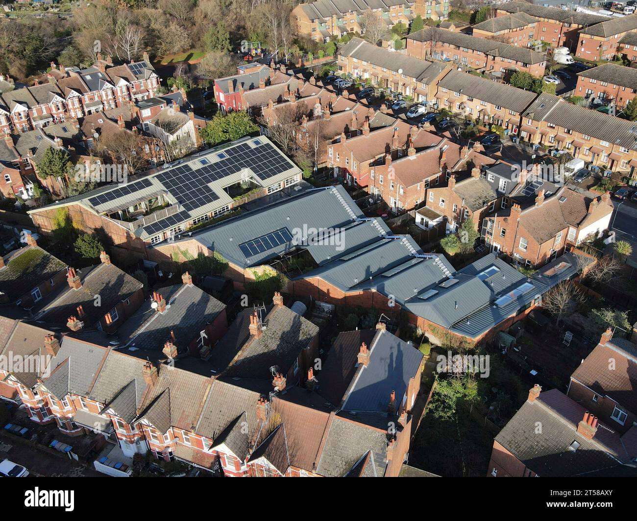 Aerial view of refurbished warehouse. Langton Rd, London, United Kingdom. Architect Stiff