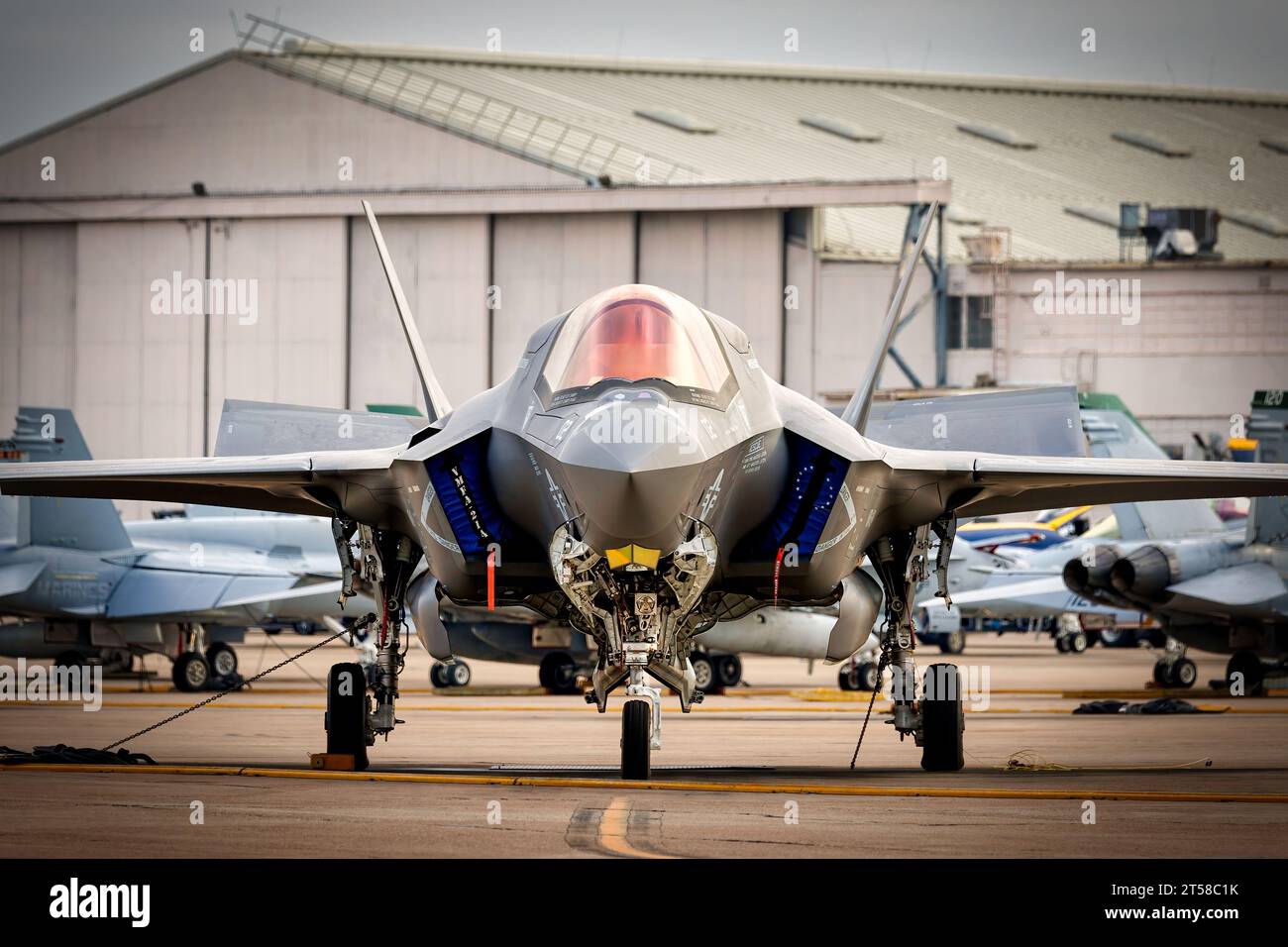 An F-35 Lightning II chained to the tarmac at America's Airshow 2023 in Miramar, California. Stock Photo