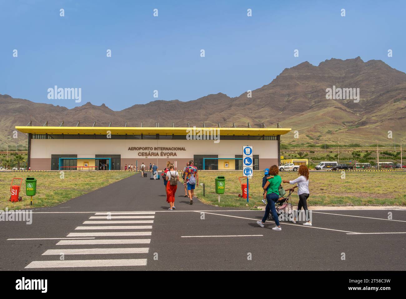 Sao Pedro, Cape Verde - October 06.2023: People walking to Cesaria Evora International Airport of Sao Vicente in Sao Pedro, Mindelo, Stock Photo
