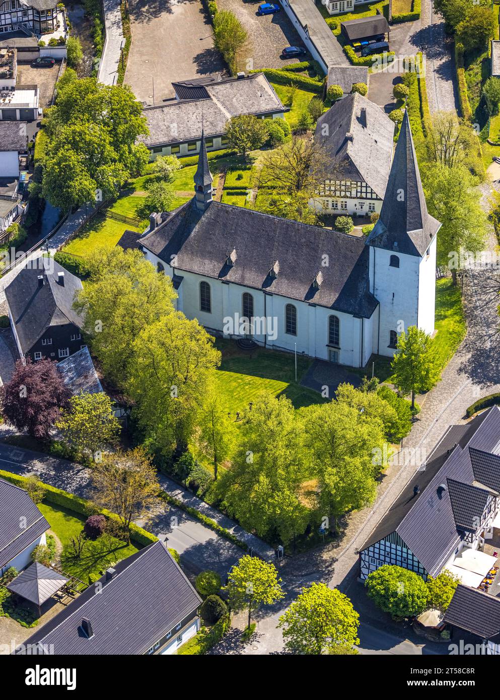 Aerial view, Catholic Church of St. Peter and Paul, Restaurant Jägerhof, Eslohe, Sauerland, North Rhine-Westphalia, Germany Stock Photo