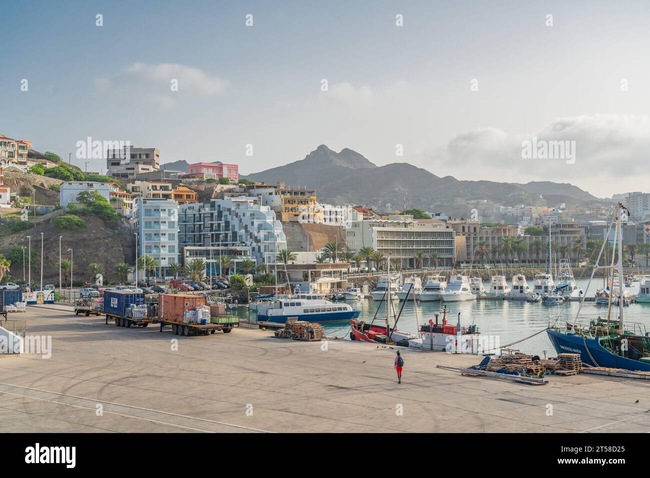 Sao Vicente , Cabo Verde - October 09.2023: Harbour of Mindelo with town view on Sao Vicente island Stock Photo