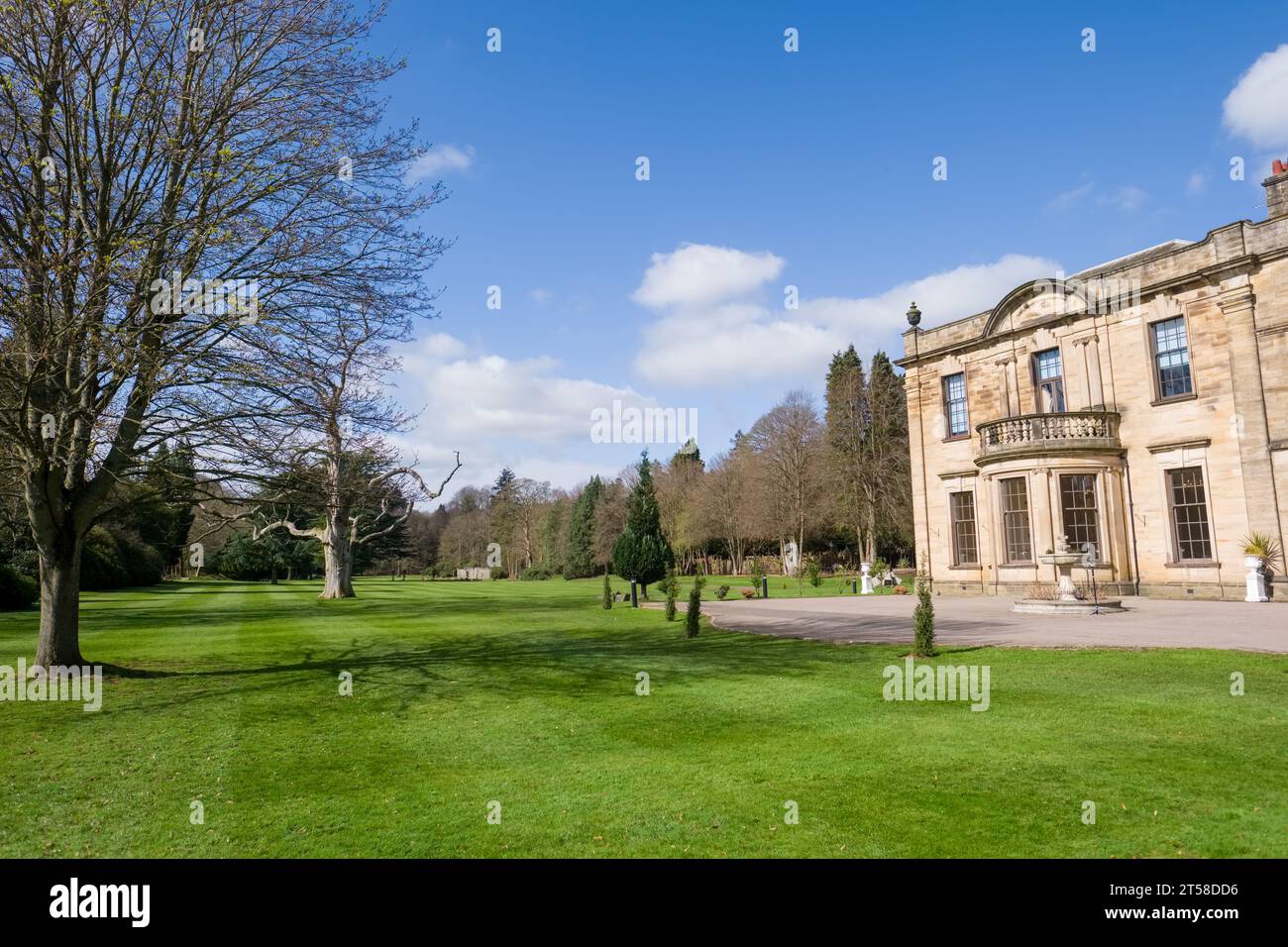 Durham UK: 3rd April 2023: Beamish Hall Hotel exterior grounds on sunny day. Wedding Venue and hotel Stock Photo