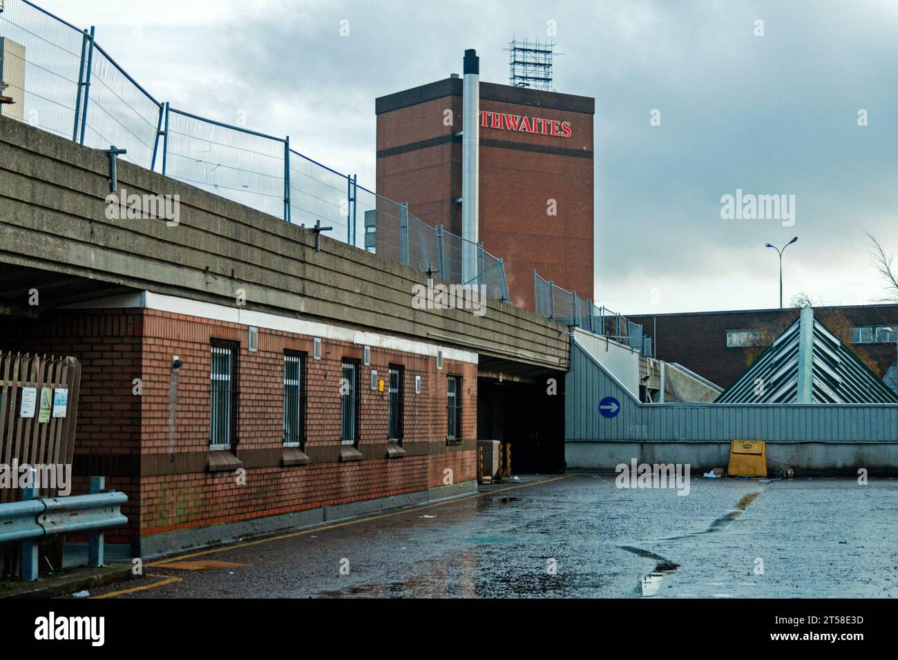 Blackburn Market rooftop car park with Thwaites brewery tower in the