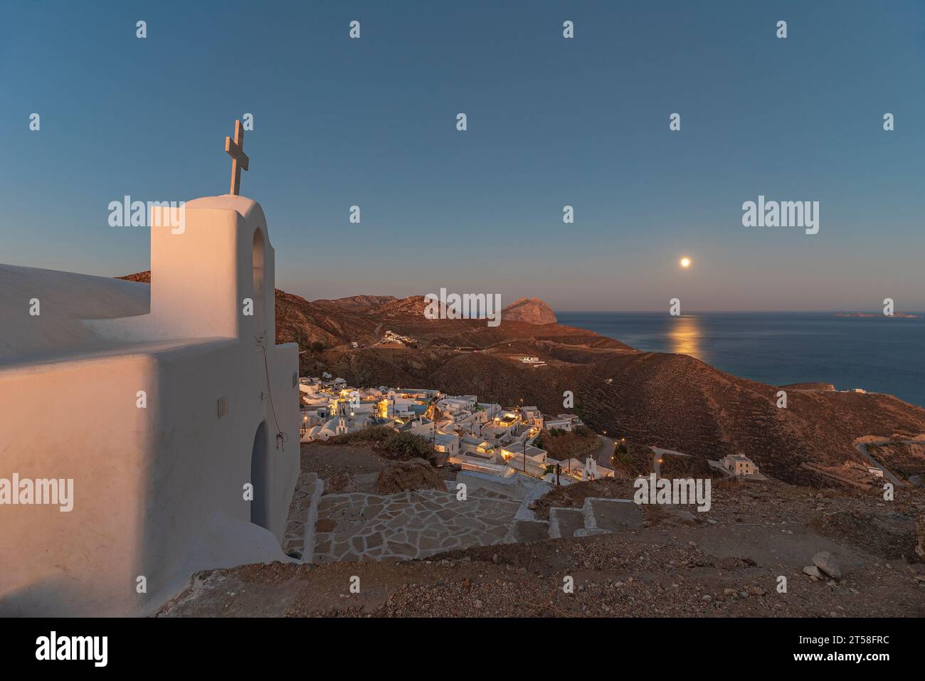 Panoramic view from the Venetian castle at moonrise, Anafi Stock Photo