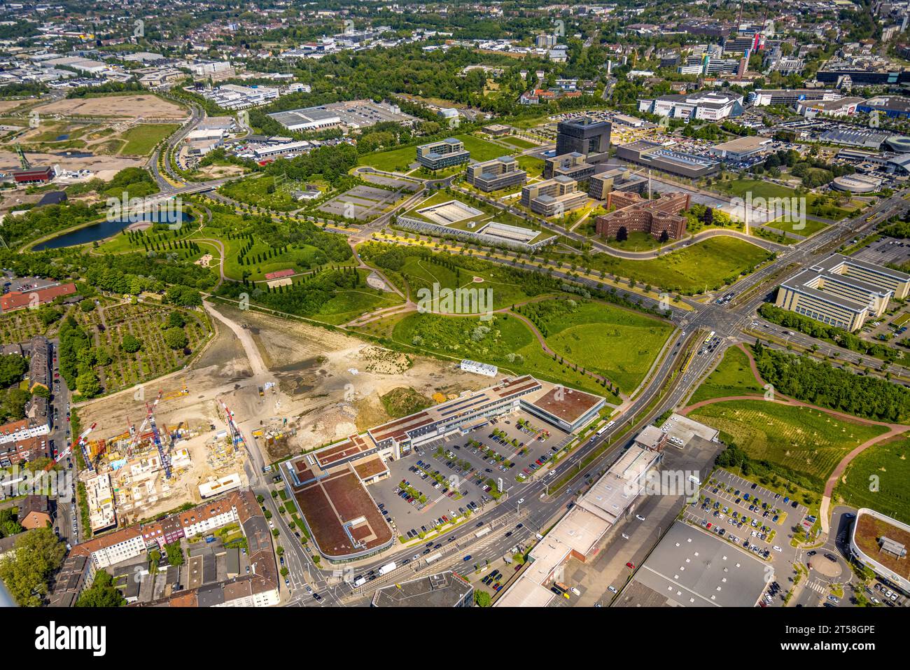 Aerial view, construction project Essen Altendorf - Living at Krupp-Park, Helenenfriedhof, Krupp-Park, Westviertel, Essen, Ruhr area, North Rhine-West Stock Photo