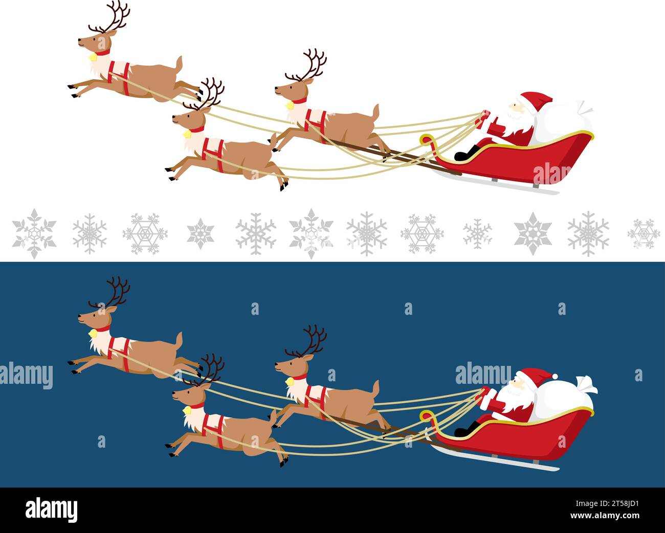 Santa Claus Riding A Sleigh Pulled By Three Reindeers. Christmas ...