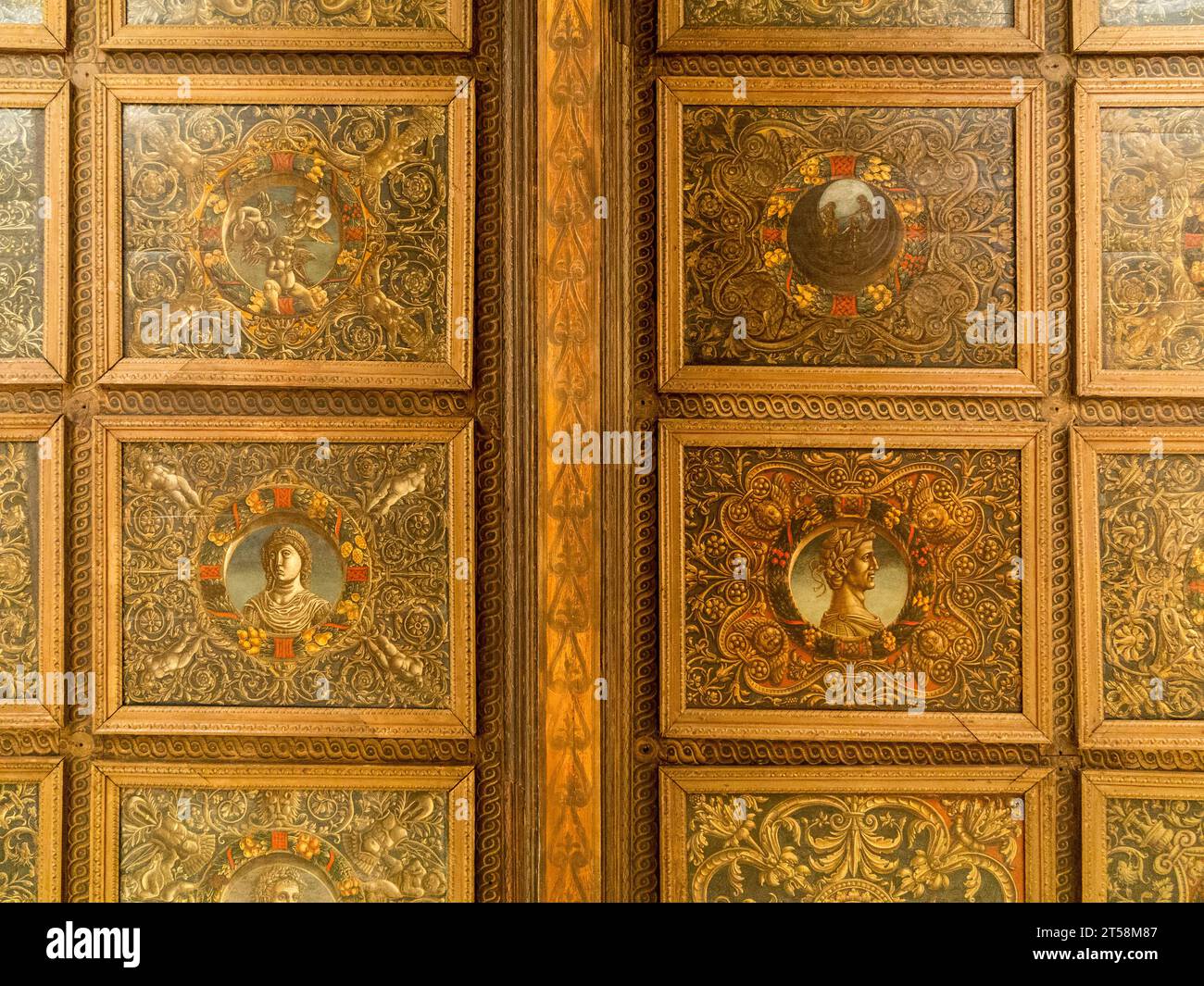 Ceiling of the Ca d'Oro vlla in Venice, Italy. The carved wooden ceiling is decorated with figures. Stock Photo
