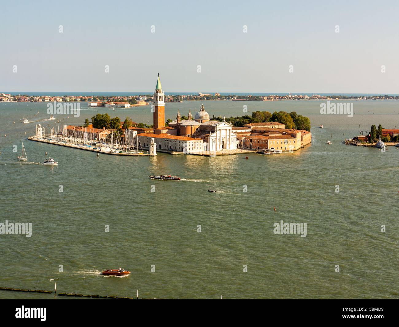 Bird's eye view taken from the Campanile of St. Mark's Square in Venice, Italy. In the center of the Grand Canal the Abbey of San Giorgio Maggiore. Stock Photo