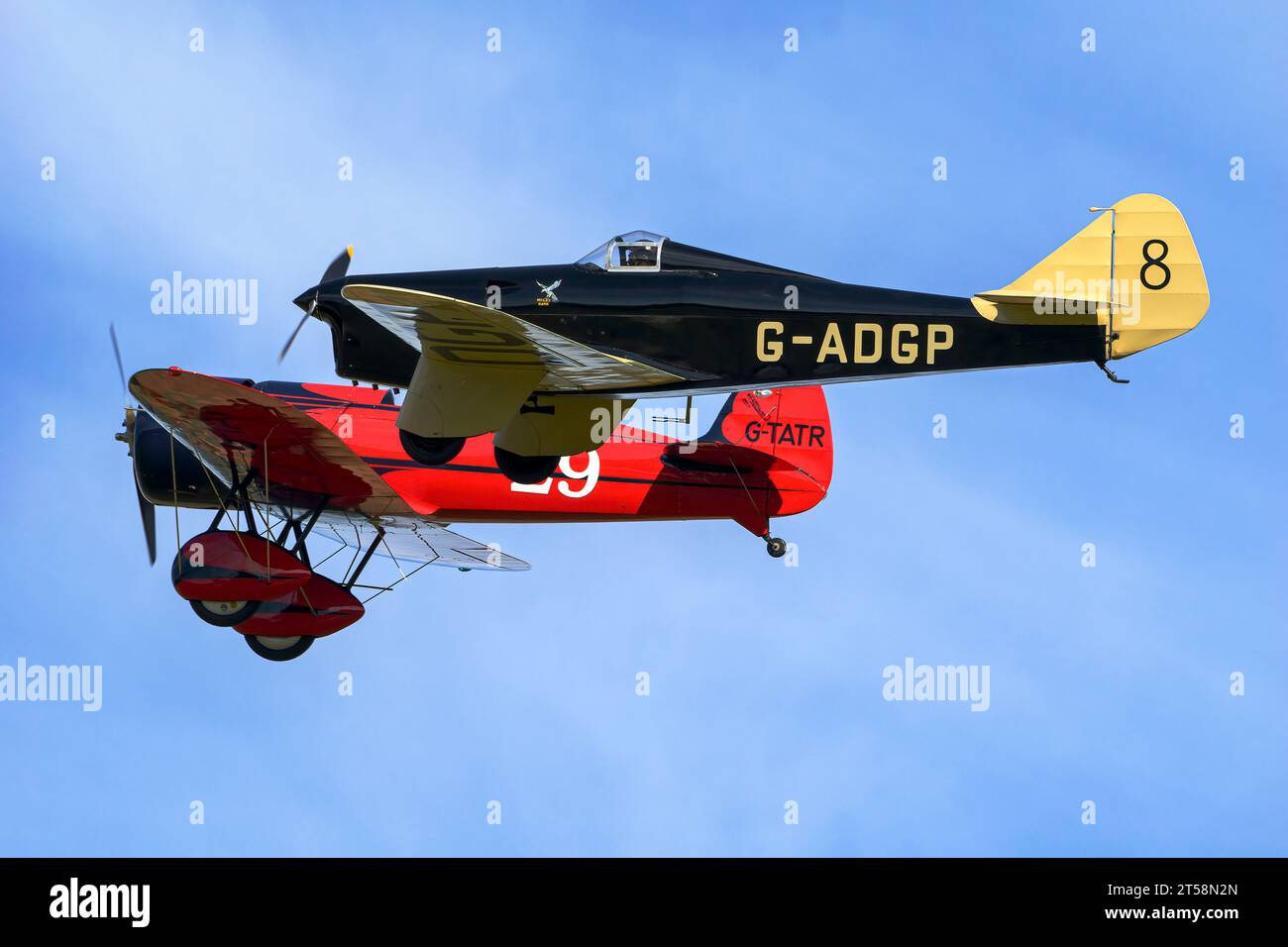 A 1930's Miles Hawk Speed 6 racing aircraft in formation with a Travel Air Type R Mystery ship Stock Photo