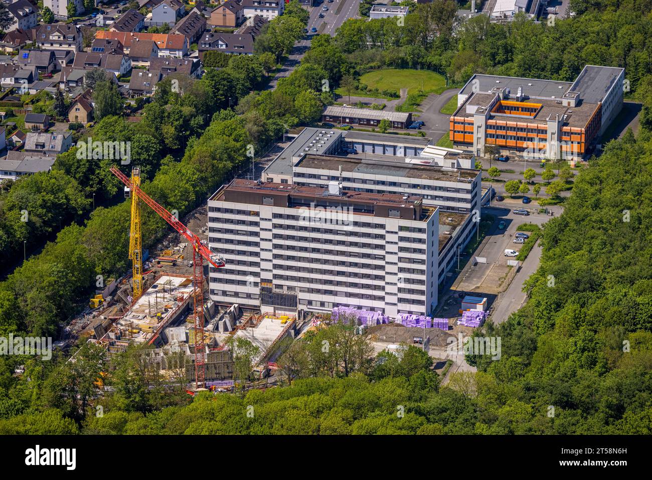 Aerial view, construction site and new building at Hoheleye police station, Information und Technik NRW Niederlassung Hagen Gebäude, Altenhagen, Hagen Stock Photo