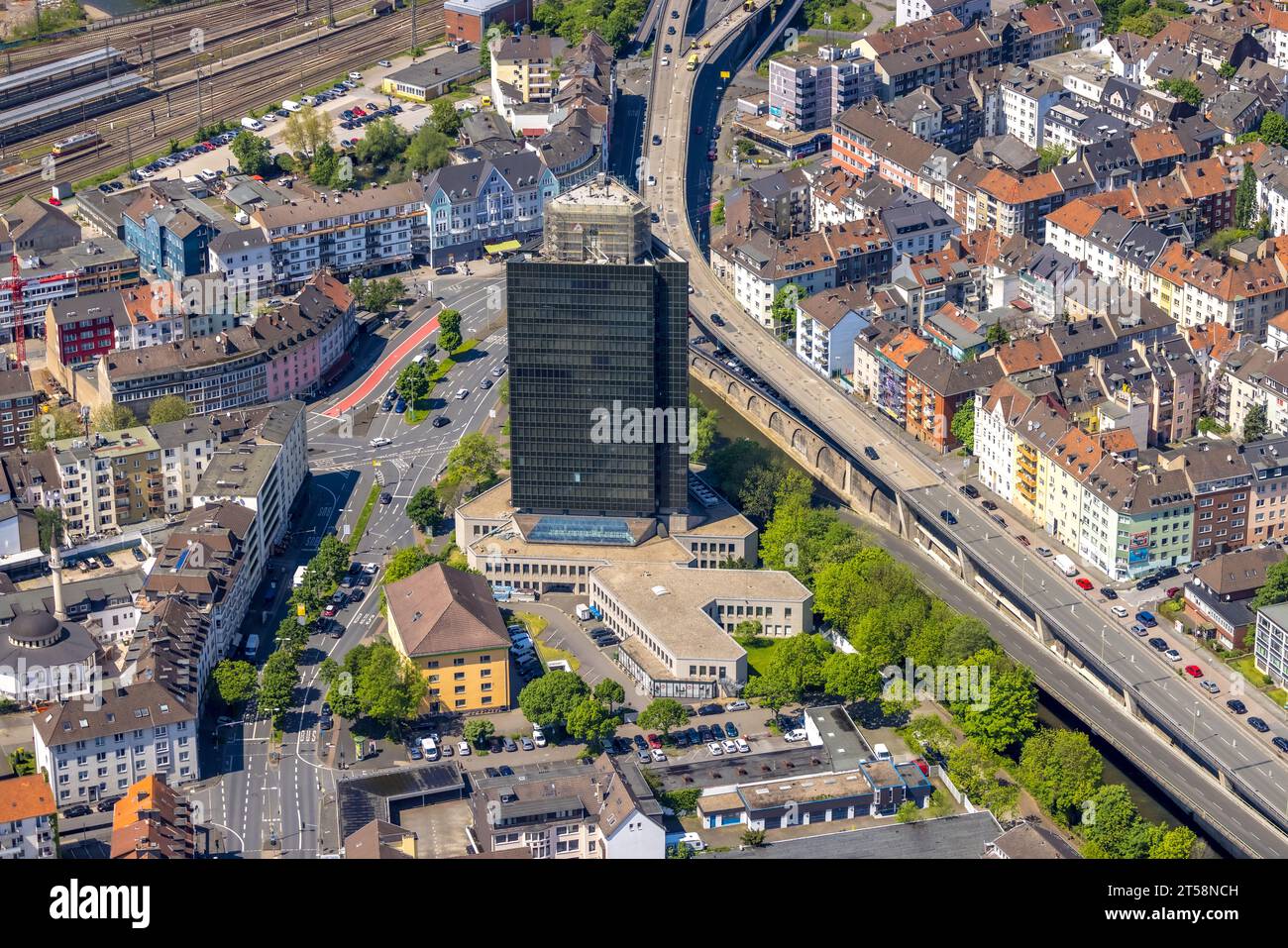 Aerial view, roof work on a highrise employment office building