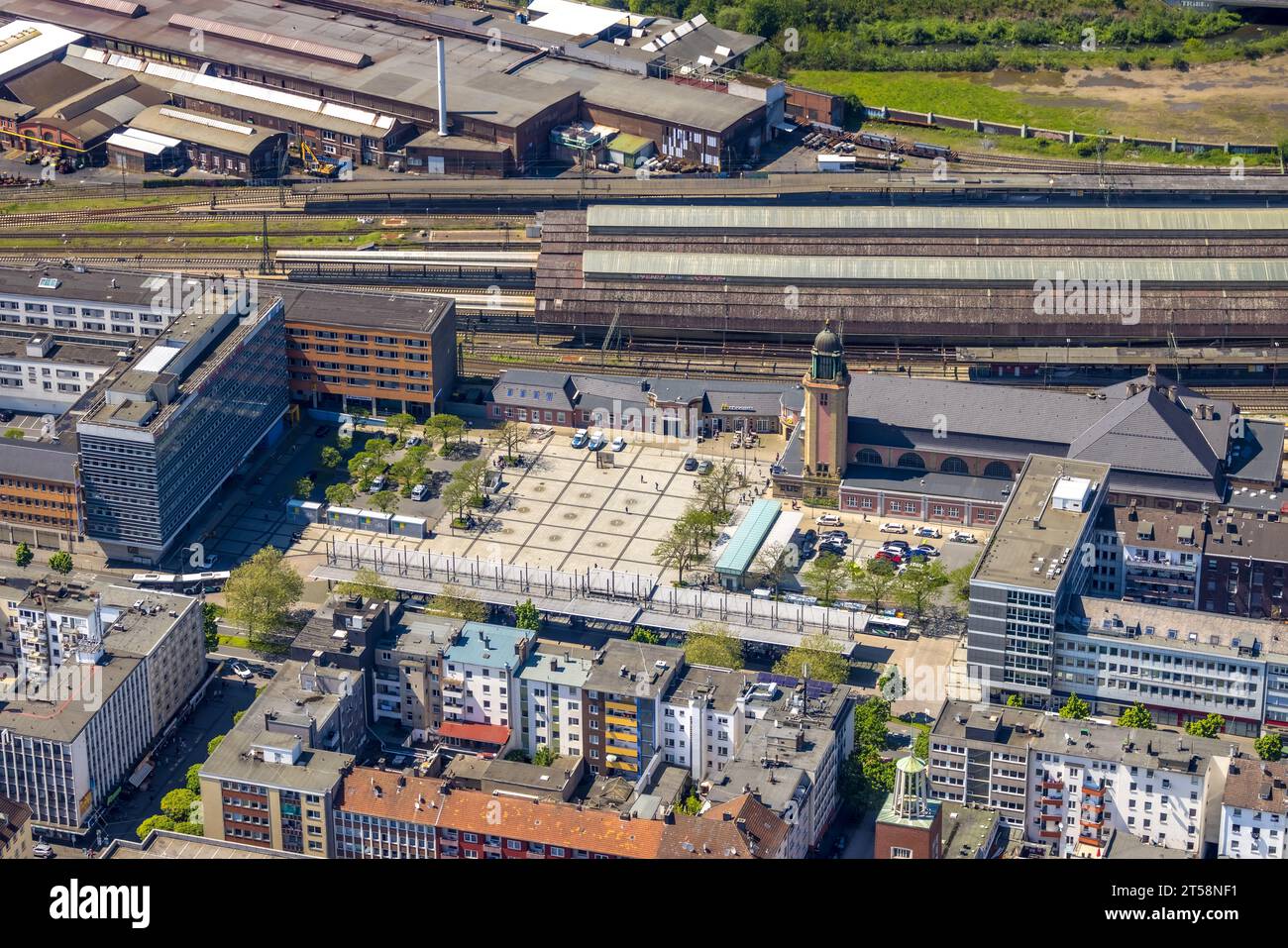 Aerial view, Hagen main station, station forecourt, central city, Hagen