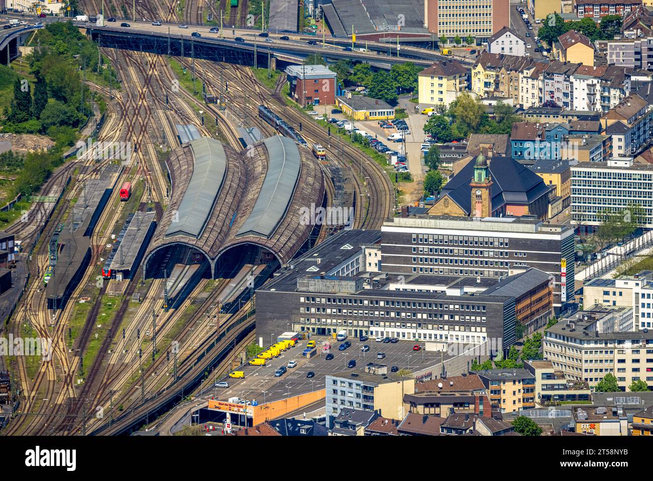Aerial view, Hagen main station, covered platforms, central city, Hagen
