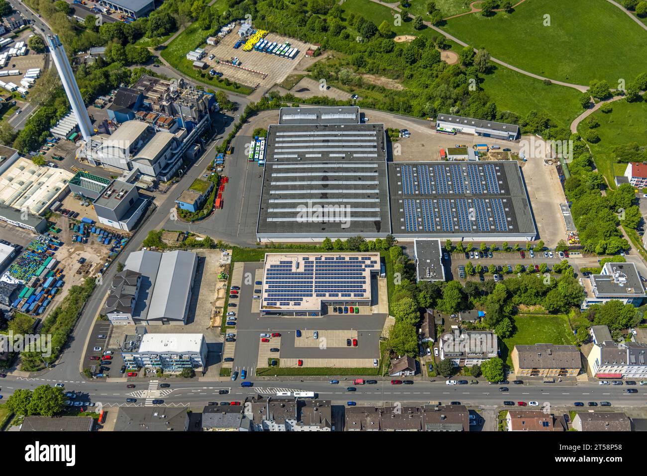 Aerial view, Hagener Straßenbahn AG Boelerheide depot, solar roof, Altenhagen, Hagen, Sauerland, North Rhine-Westphalia, Germany, DE, Europe, Photovol Stock Photo