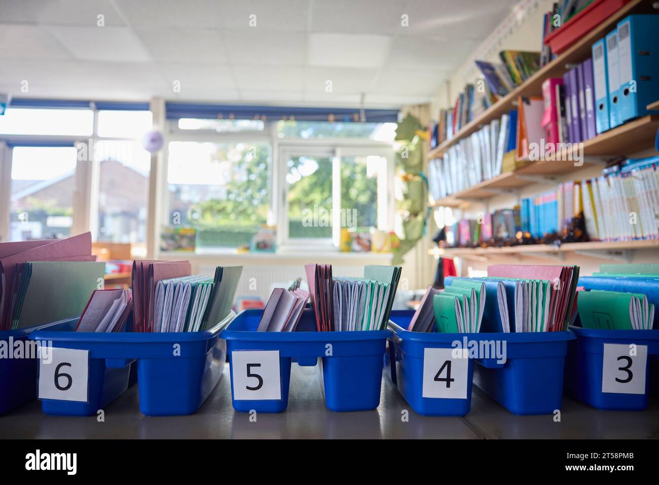 Organiser For Elementary Or Primary School Exercise Books And Folders In Classroom Stock Photo