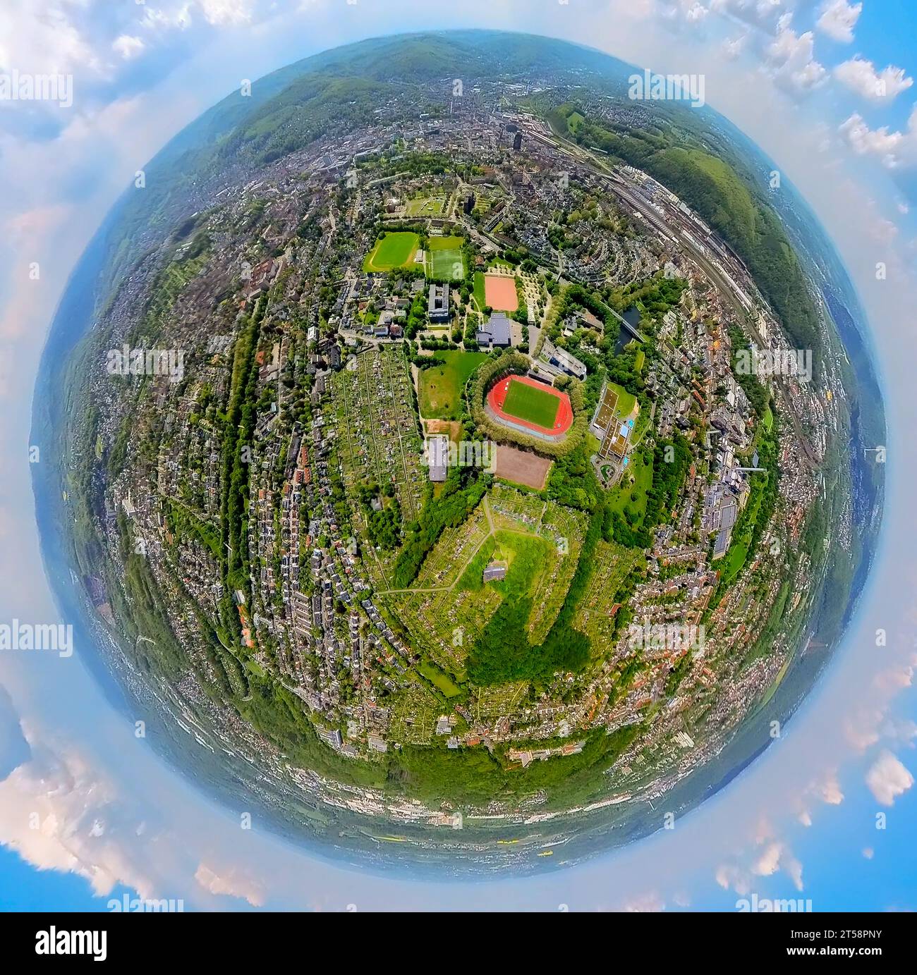Aerial view, Ischelandpark with Westfalenbad, Ischelandhalle and Ischelandstadion, earth globe, fisheye image, 360 degree image, Altenhagen, Hagen, Sa Stock Photo