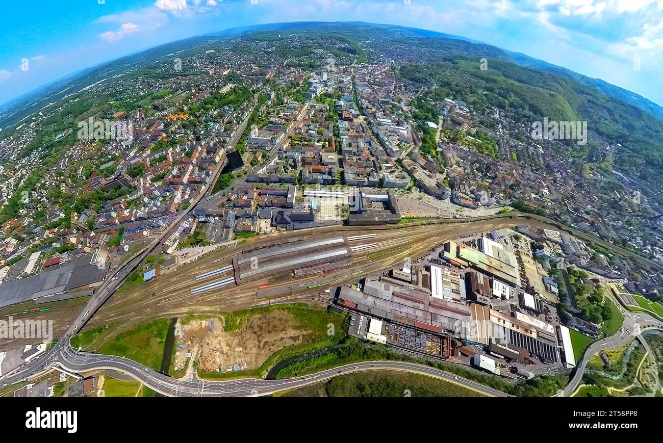 Aerial view, Hagen main station, earth globe, fisheye image, 360 degree