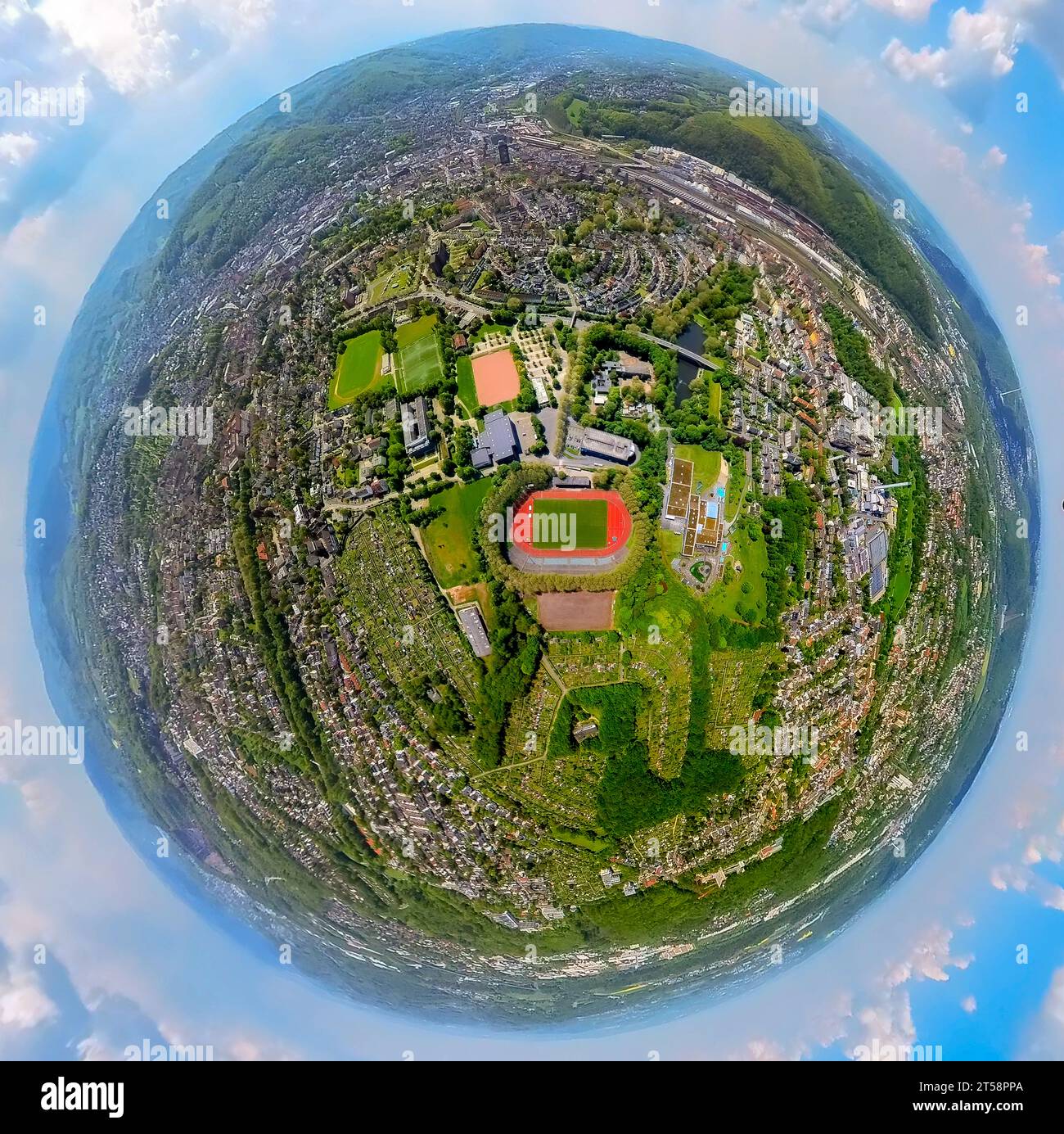 Aerial view, Ischelandpark with Westfalenbad and Ischelandstadion, earth globe, fisheye image, 360 degree image, Altenhagen, Hagen, Sauerland, North R Stock Photo