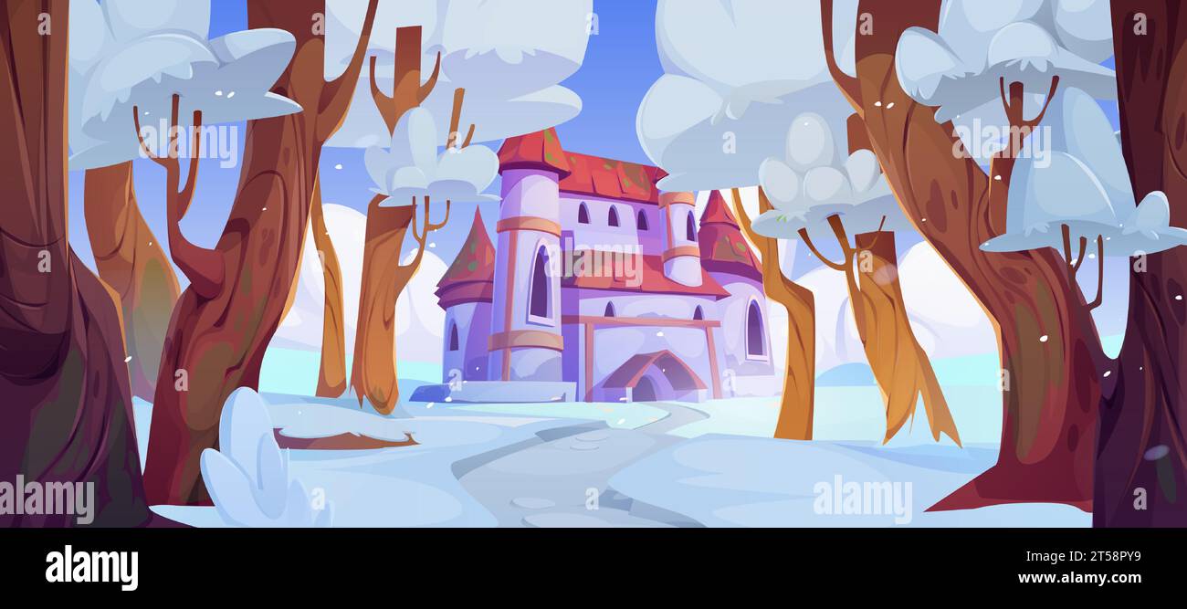 Winter cartoon fairytale landscape with royal castle in forest covered with snow. Vector landscape of medieval fortress with gate and towers surrounded with snowy trees. Ancient fortress in snowdrifts Stock Vector