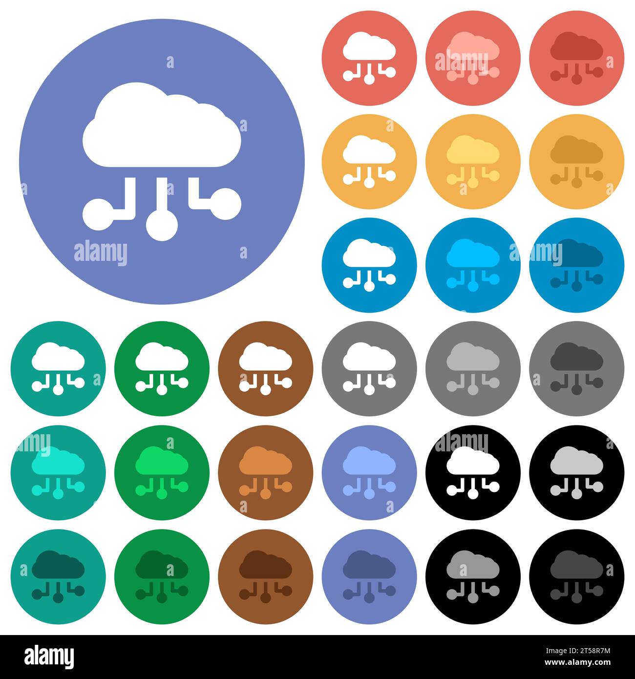 Cloud connections solid multi colored flat icons on round backgrounds. Included white, light and dark icon variations for hover and active status effe Stock Vector