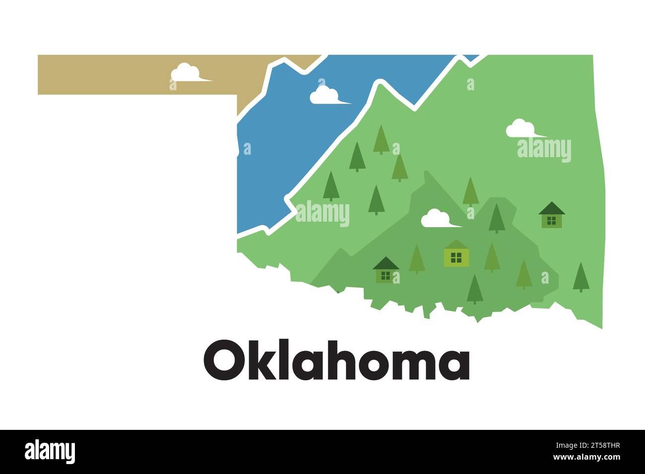 Oklahoma map shape United states America green forest hand drawn cartoon style with trees travel terrain Stock Vector