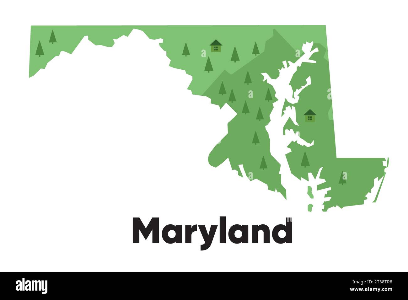 Maryland map shape United states America green forest hand drawn cartoon style with trees travel terrain Stock Vector