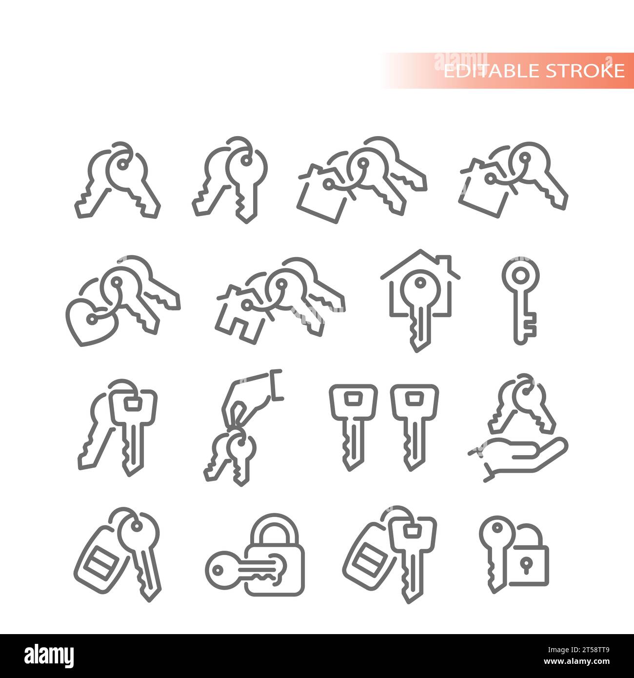 House, car key ring and chain vector icons. Keys, real estate and lock icon set. Stock Vector