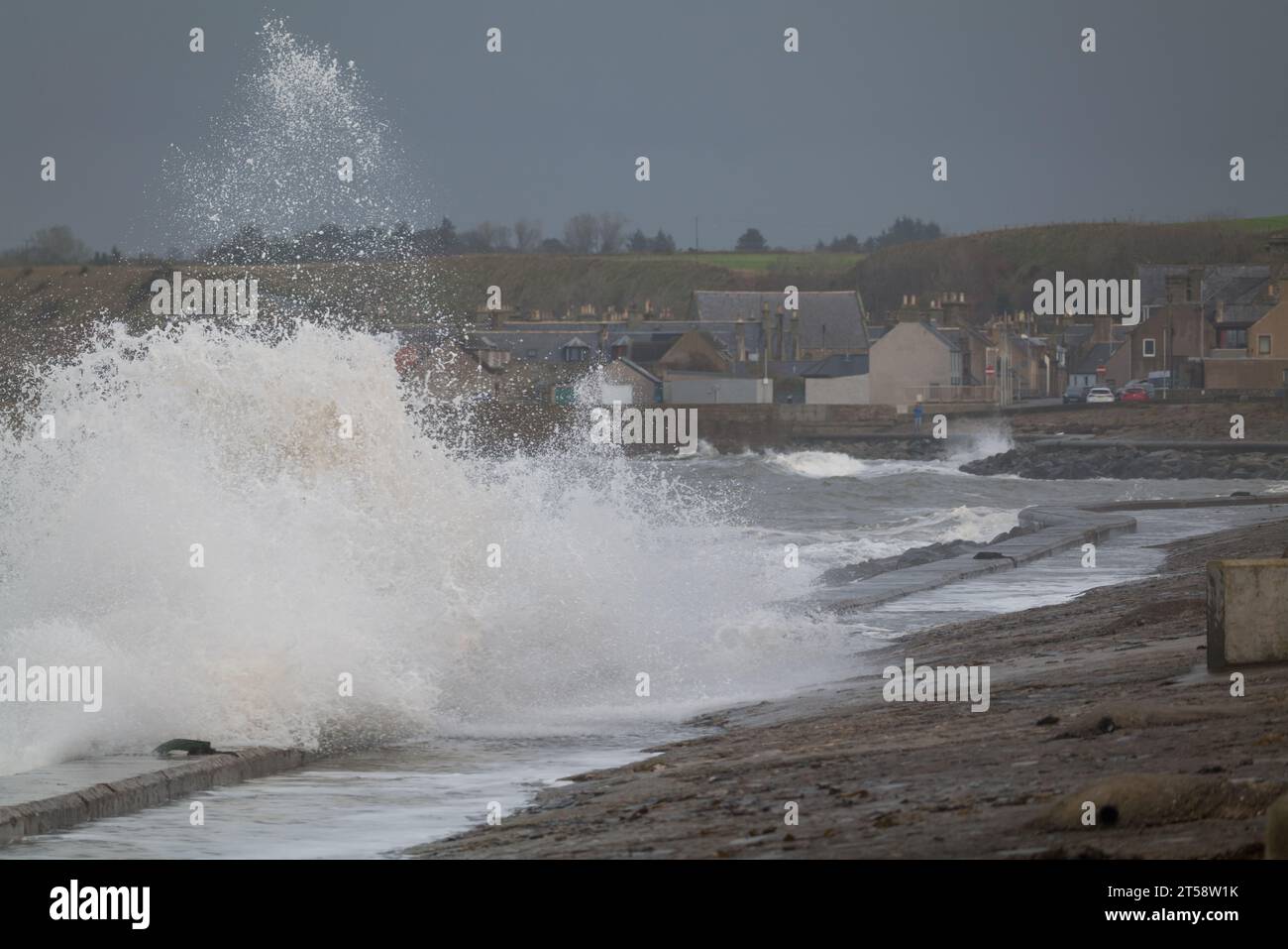 Portgordon, Moray, UK. 3rd Nov, 2023. This is High Tide and stormy waves crashing into Portgordon on an Amber warning for Heavy Rain day in Moray. Credit: JASPERIMAGE/Alamy Live News Stock Photo