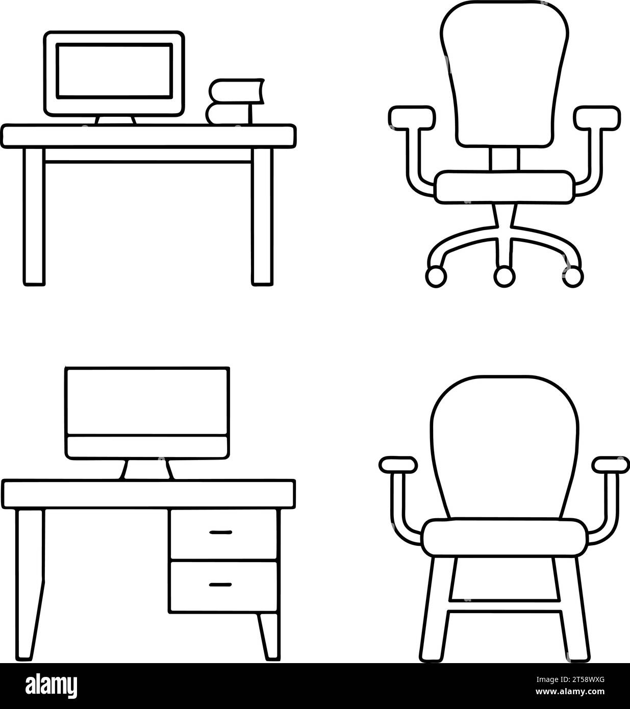 graphic illustrated Icon set office desk with computer chair furniture outline vector Stock Vector