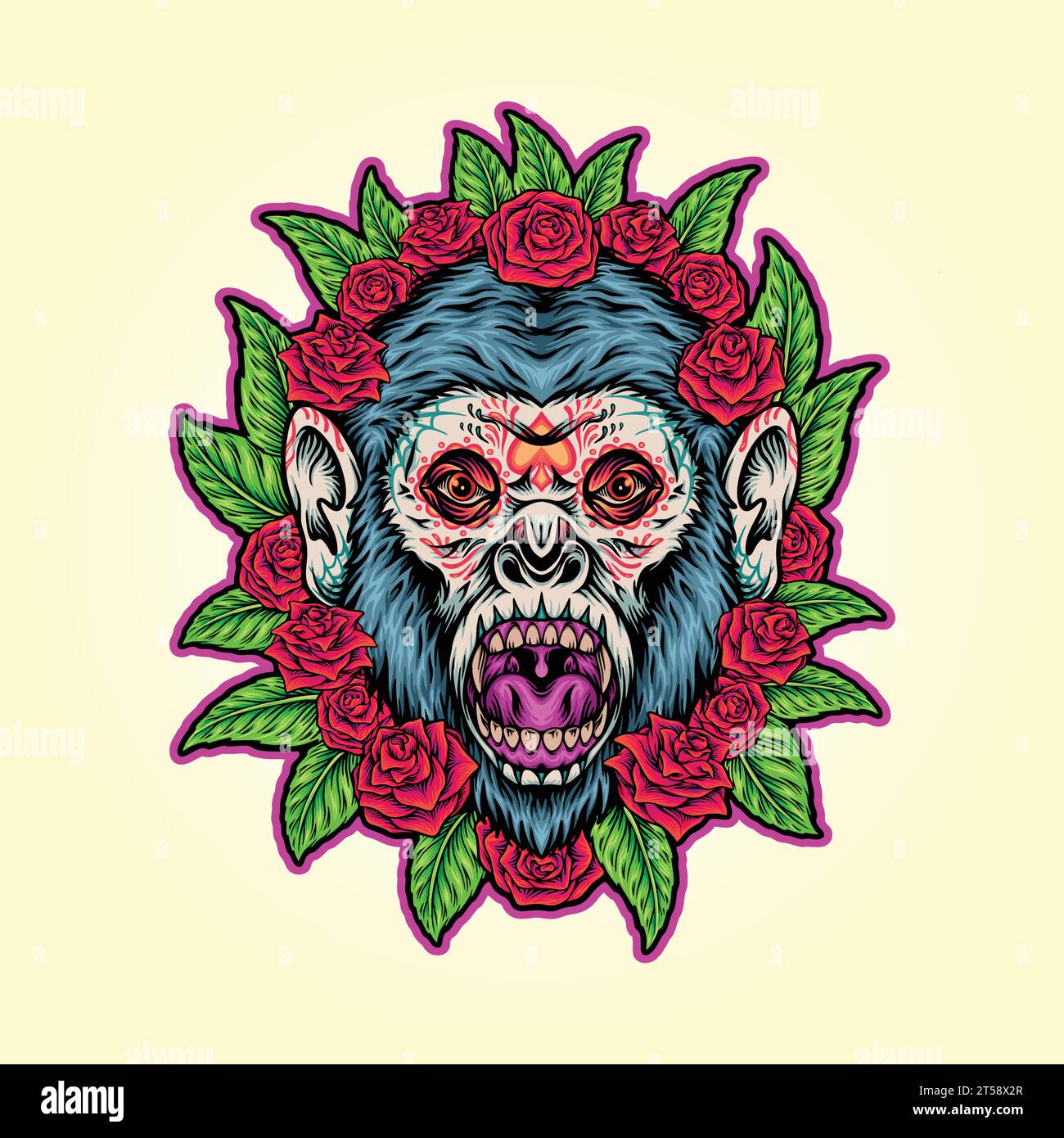 Creepy monkey sugar skull ornament fear vector illustrations for your work logo, merchandise t-shirt, stickers and label designs, poster, greeting car Stock Vector