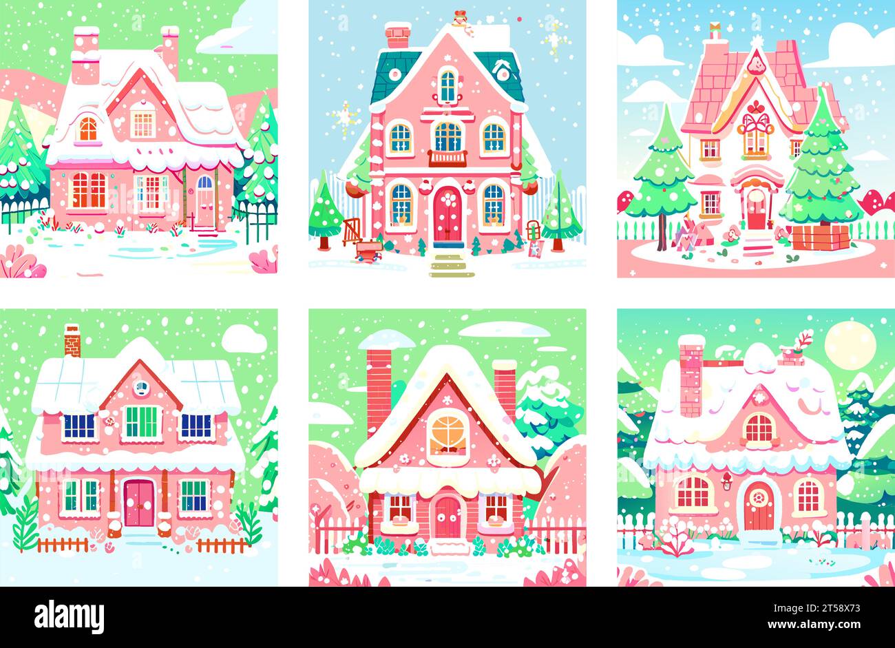 graphic illustrated Winter home cute pink house fairy tale and Christmas tree illustration vector Stock Vector