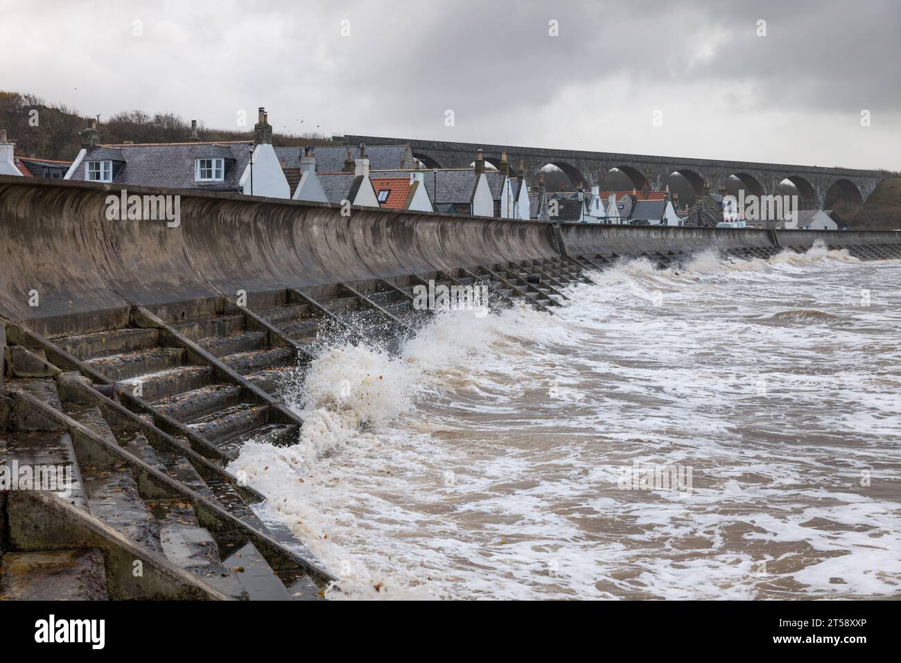 Portgordon, Moray, UK. 3rd Nov, 2023. This is High Tide and stormy dirty waves crashing into Cullen seawall. Credit: JASPERIMAGE/Alamy Live News Stock Photo