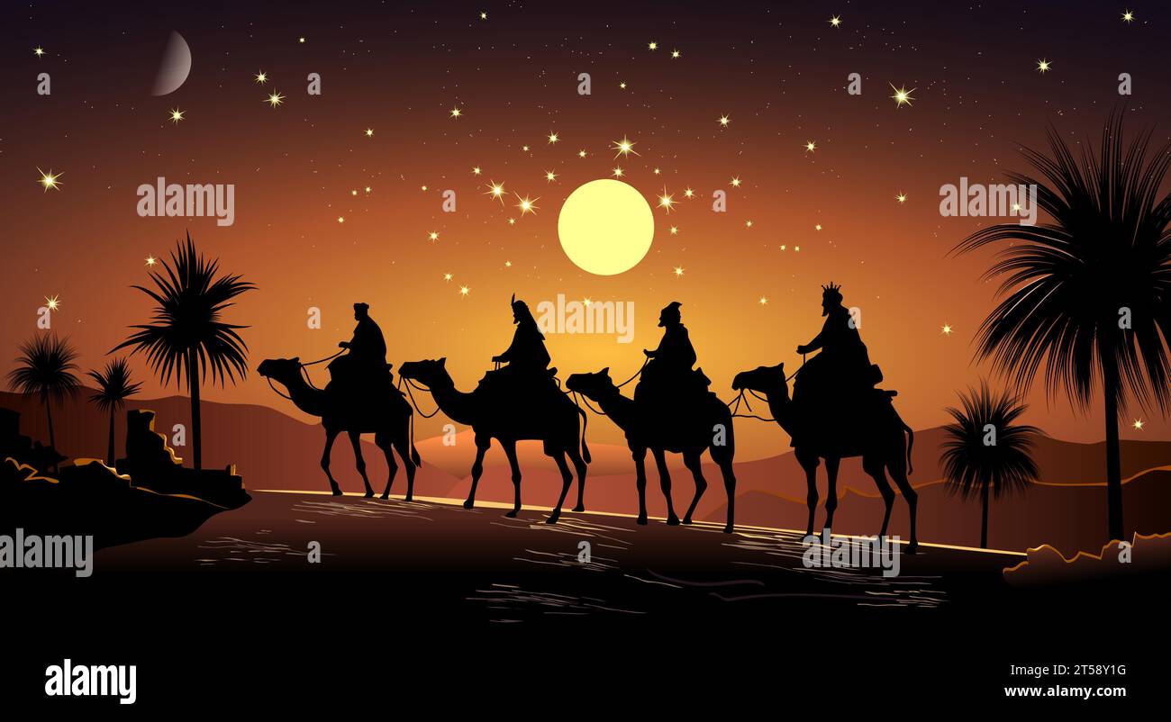Sages on camels against the backdrop of a luminous star. Night starry sky. Desert with palm trees. Camel riders. Biblical scene on the eve of the birt Stock Vector