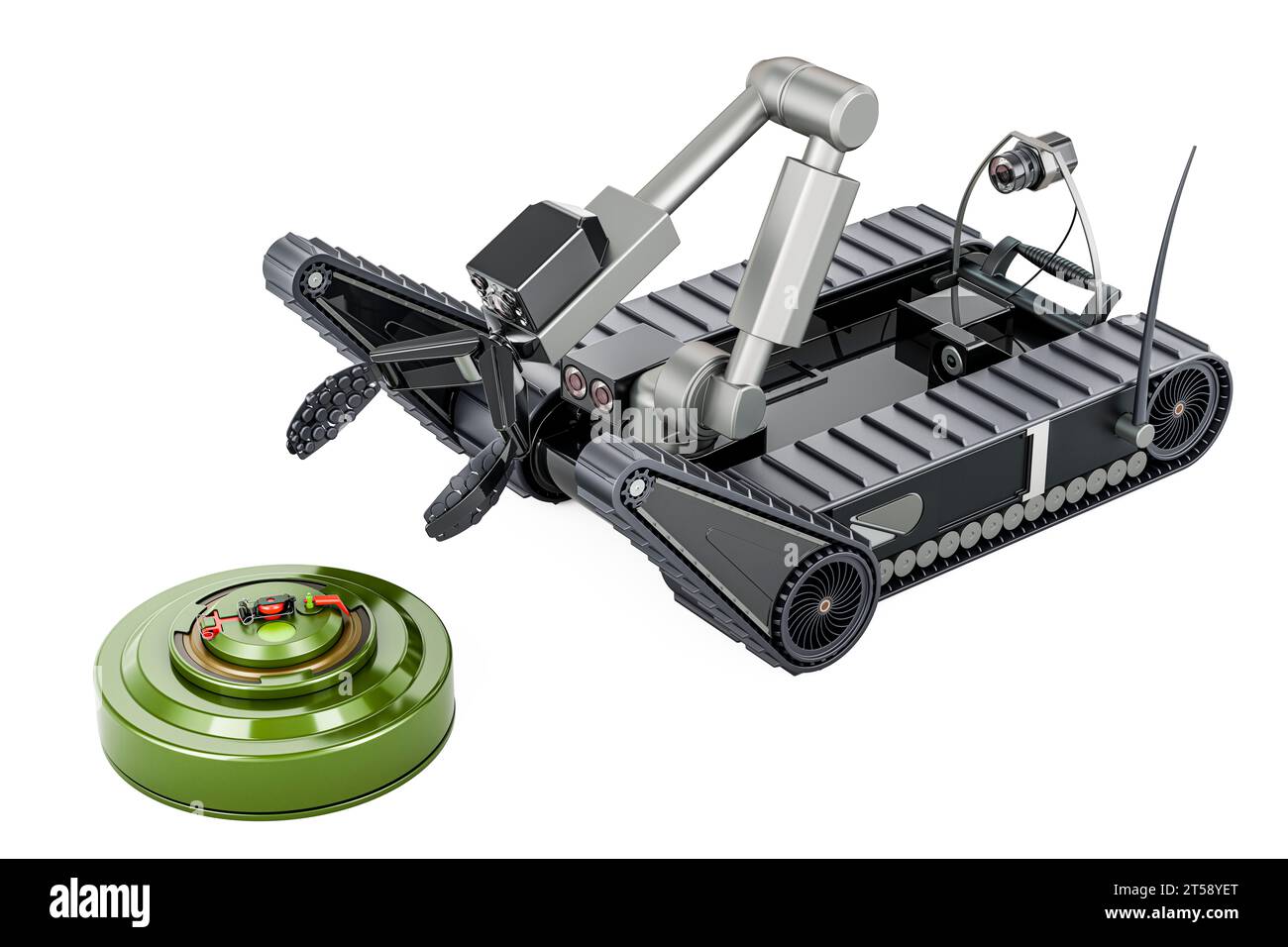 Bomb disposal robot and antitank mine, 3D rendering isolated on white
