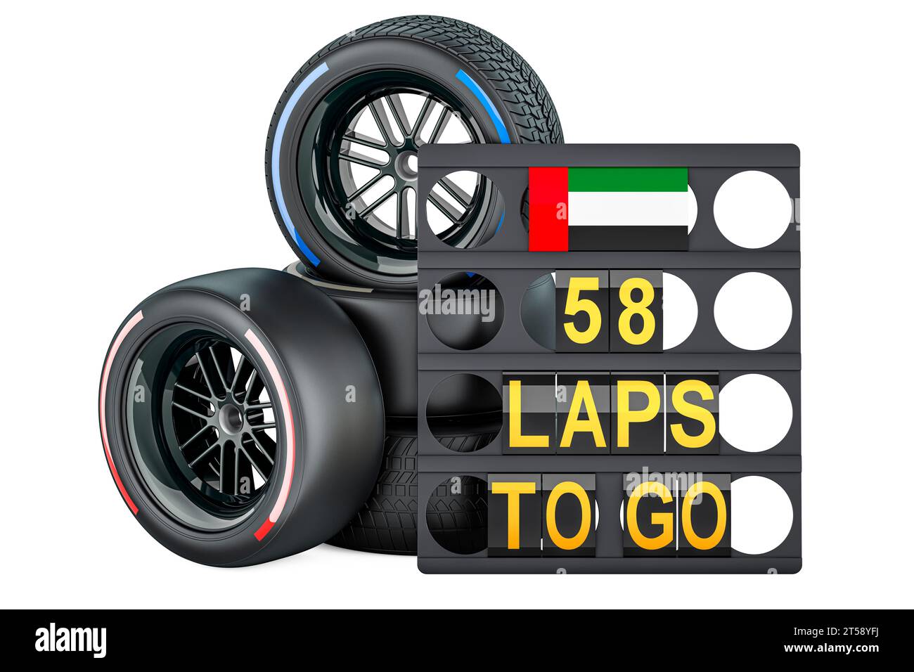 Interlagos racing, pit board with flag of the United Arab Emirates and racing wheels with different compounds type tyres. 3D rendering isolated on whi Stock Photo