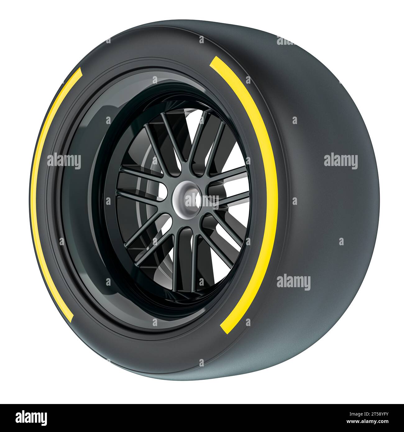 Racing Wheel with Yellow Medium, Compound type tyre, 3D rendering isolated on transparent background Stock Photo