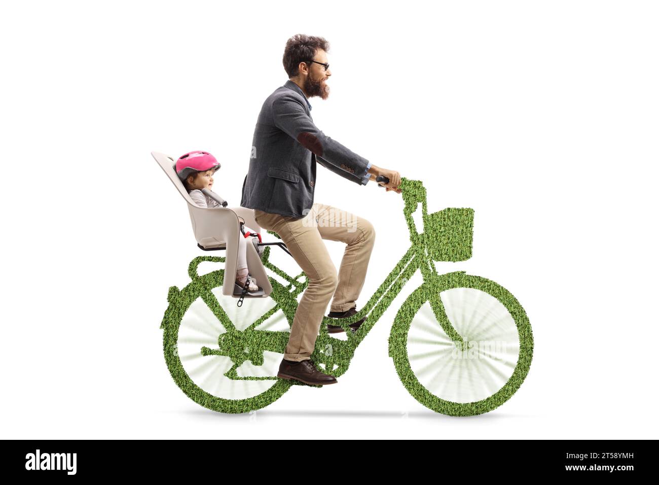 Father riding a child on a green bicycle, sustainable mobility concept Stock Photo