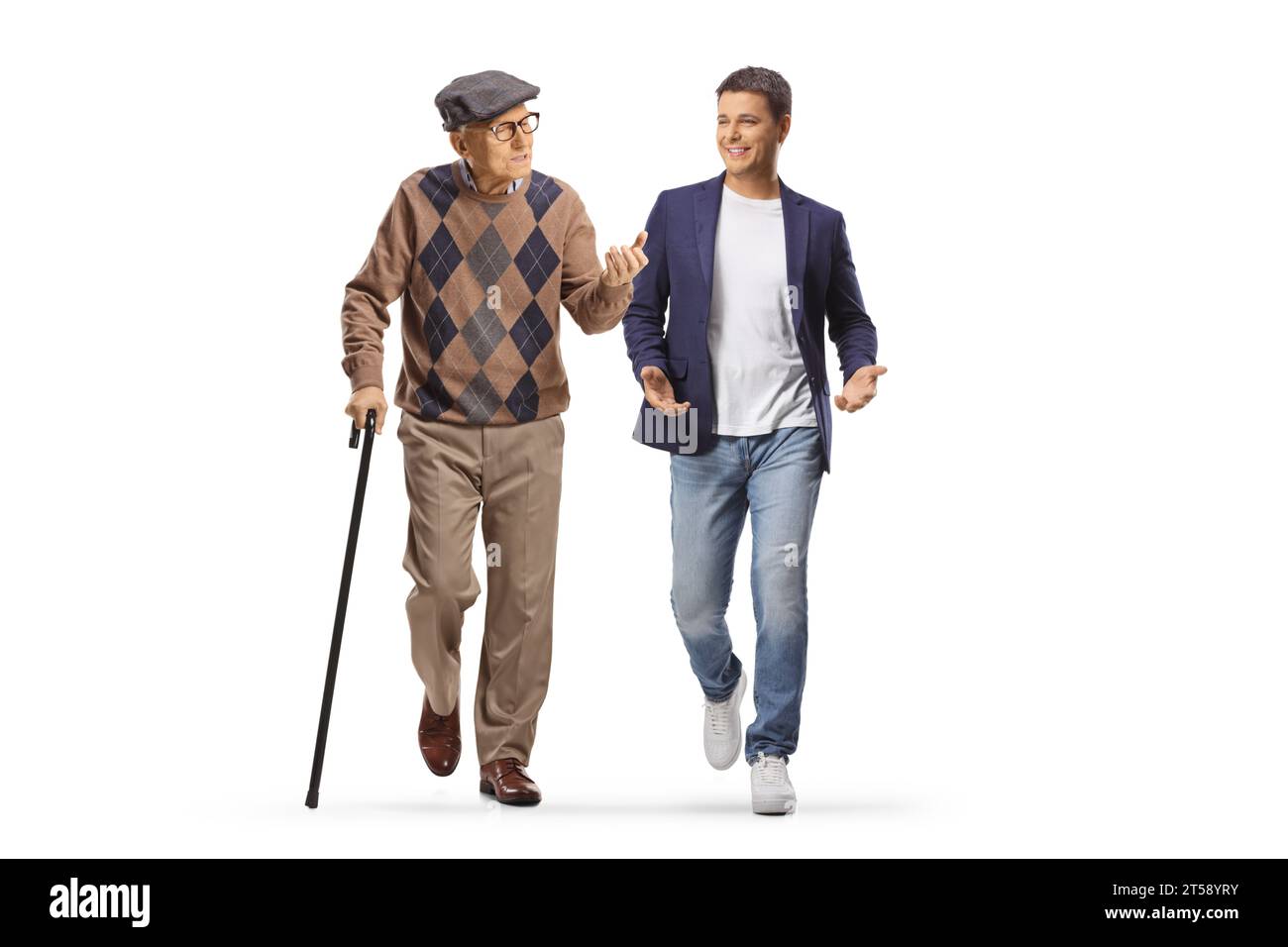 Elderly man with a cane walking and talking to a young man isolated on ...
